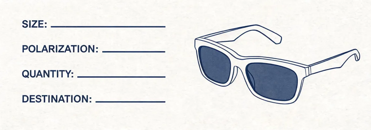 Specification checklist diagram for rectangular sunglasses, not a mapped office