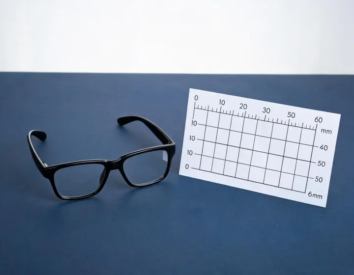 Rectangular sunglasses beside a millimetre sizing chart on a sourcing desk